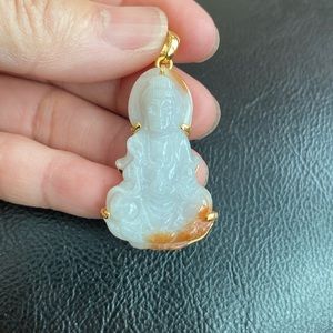 14K Solid Gold Guan Quan Kwan Yin Small Buddha Natural Jadeite Jade Pendant